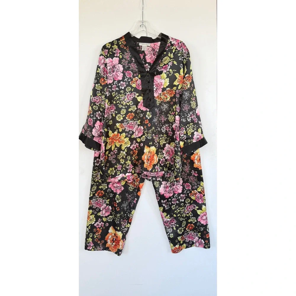 Morgan Taylor Large Silky Satin Black Floral Pajama Set PJ'S Fairy Garden Whimsy